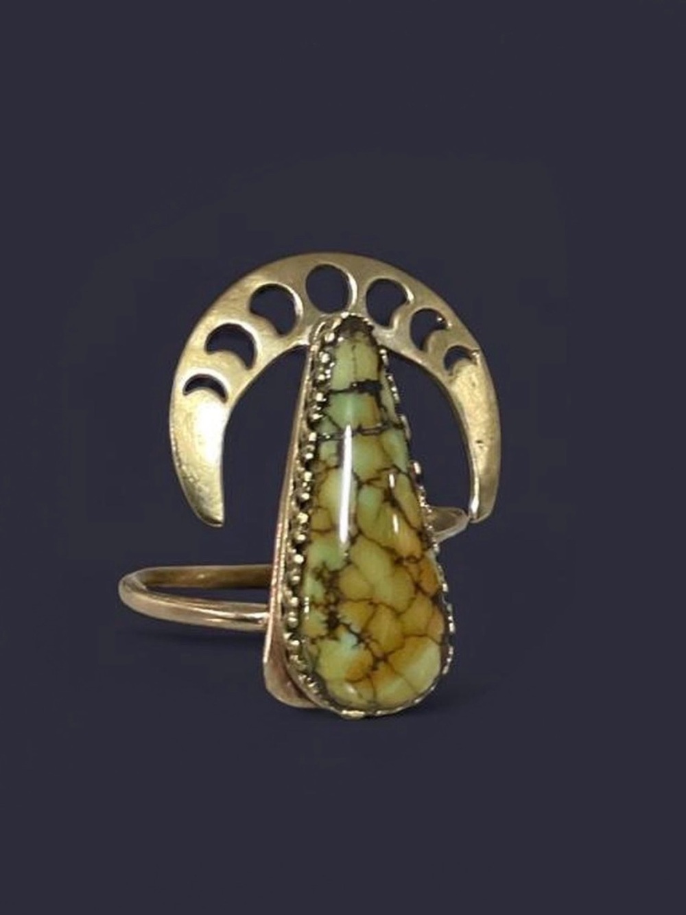 Giraffe Turquoise Moon Phase Ring – Teardrop Stone in Brass, Statement Ring 7.5